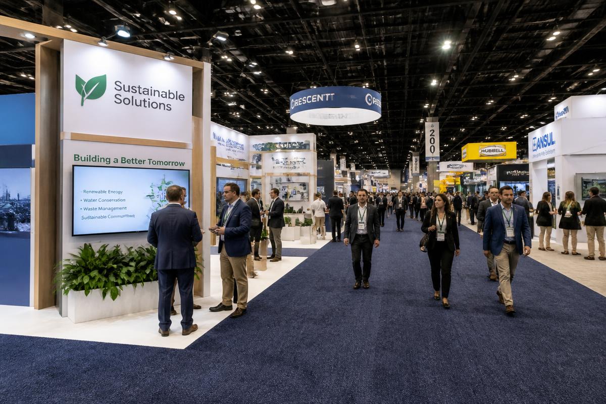 Wide view of a busy trade show aisle with dark blue natural-fiber carpet