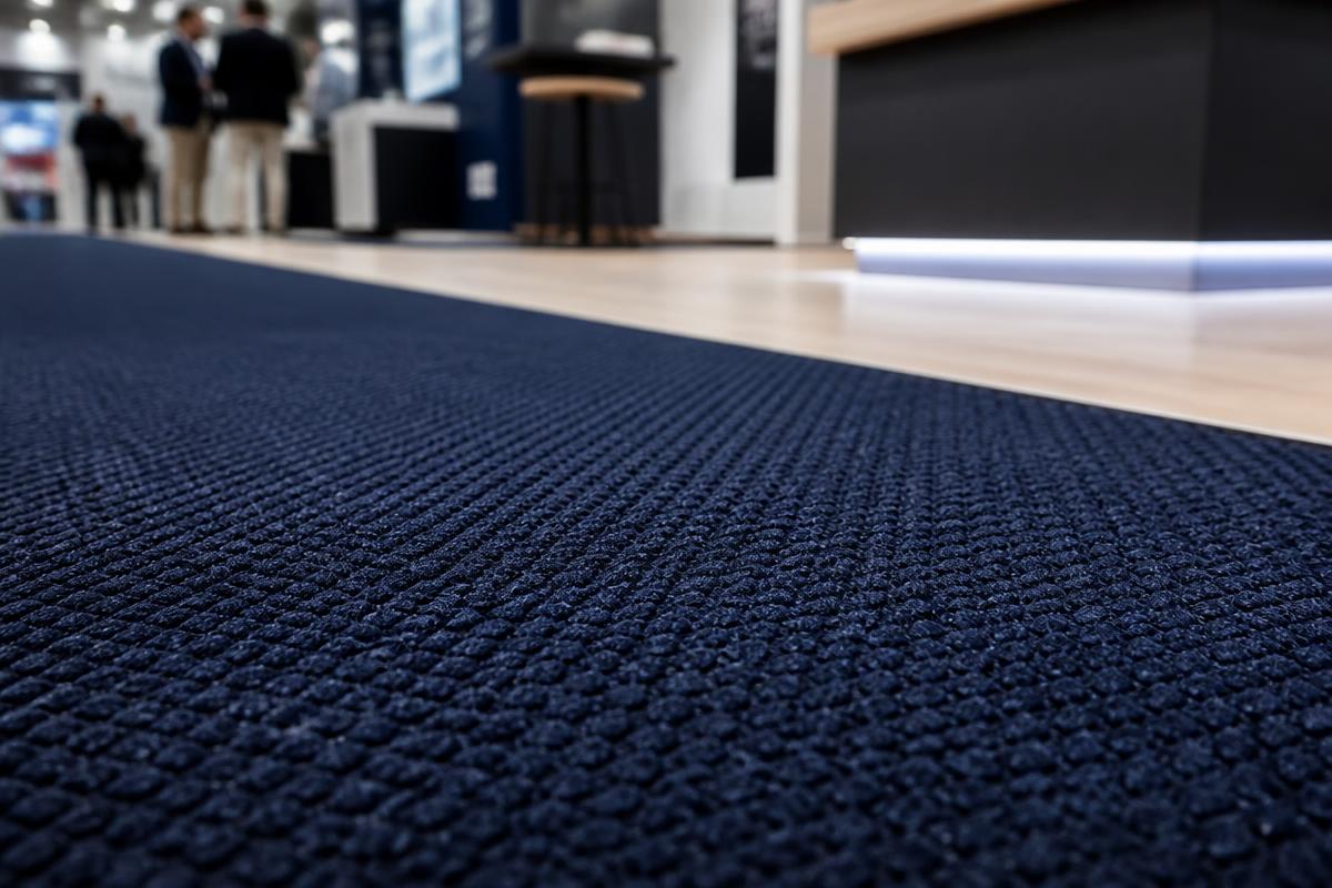 Close-up of the woven texture of dark blue natural-fiber trade show carpet