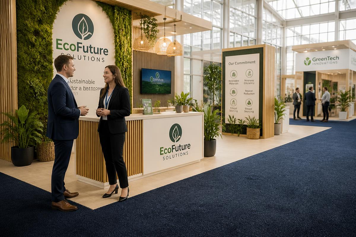 Sustainable booth area with dark blue natural-fiber carpet and greenery
