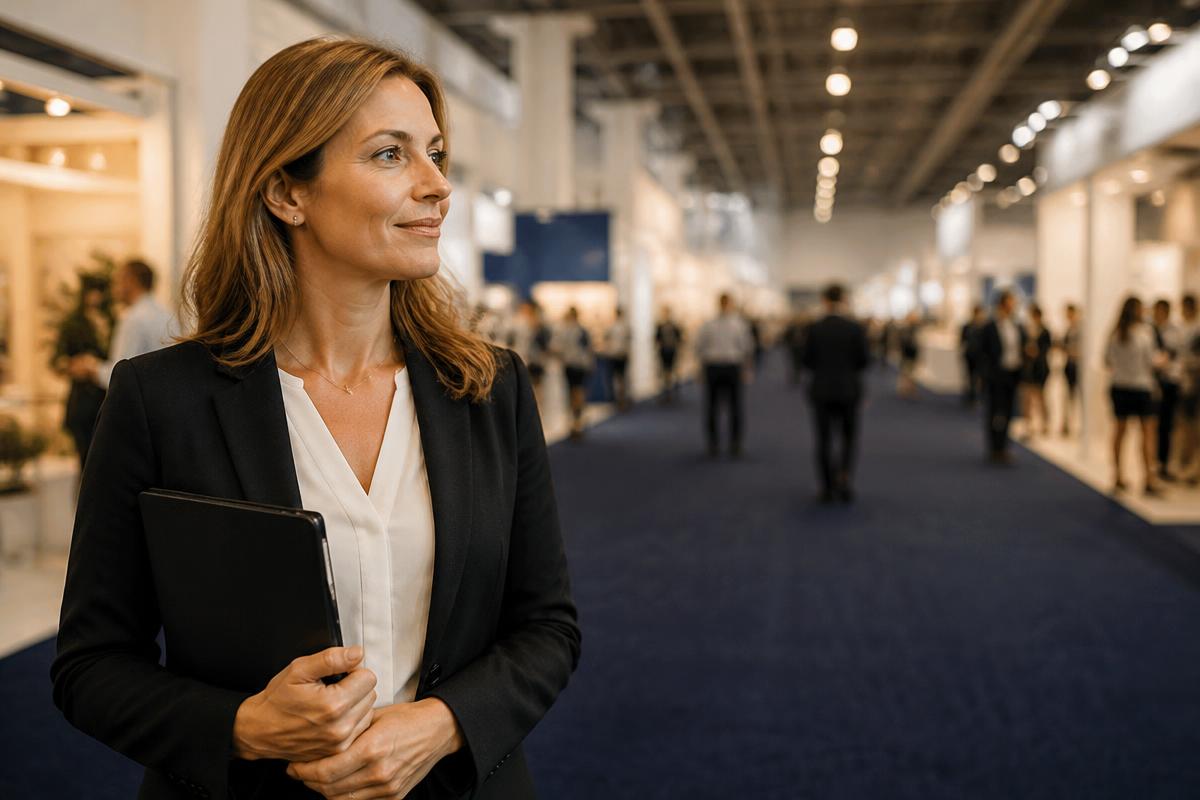 A woman event director reflecting over a wide trade show aisle with dark navy blue natural-fiber carpet